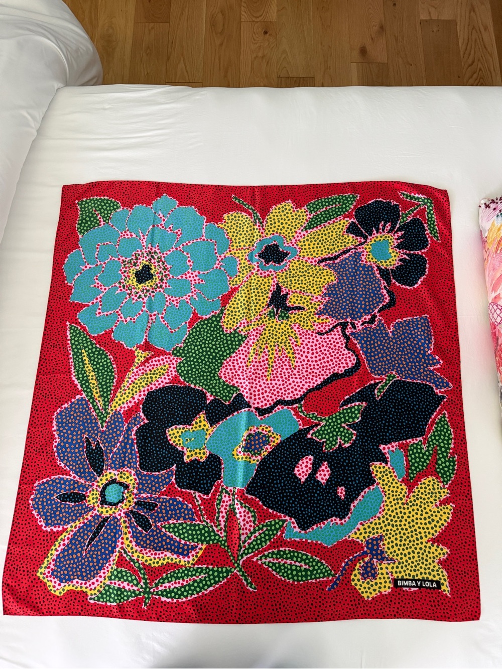 Bimba y Lola Floral Silk Scarf - Red with Multicolor Blooms